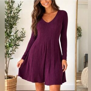 Chadwick’s• Elegant knit V-Neck Long Sleeve Swing Dress in Plum